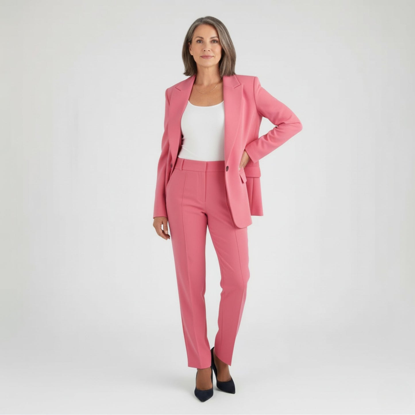Women's navy blue tailored pantsuit blazer and trousers set elegant business formal wear