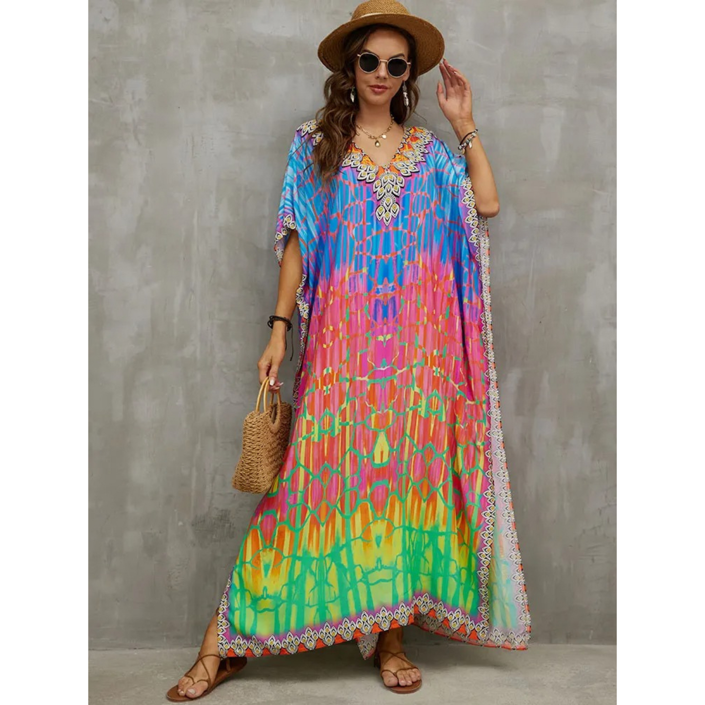 Women's loose-fit V-neck kaftan in light airy fabric, bohemian beachwear cover-up for vacation