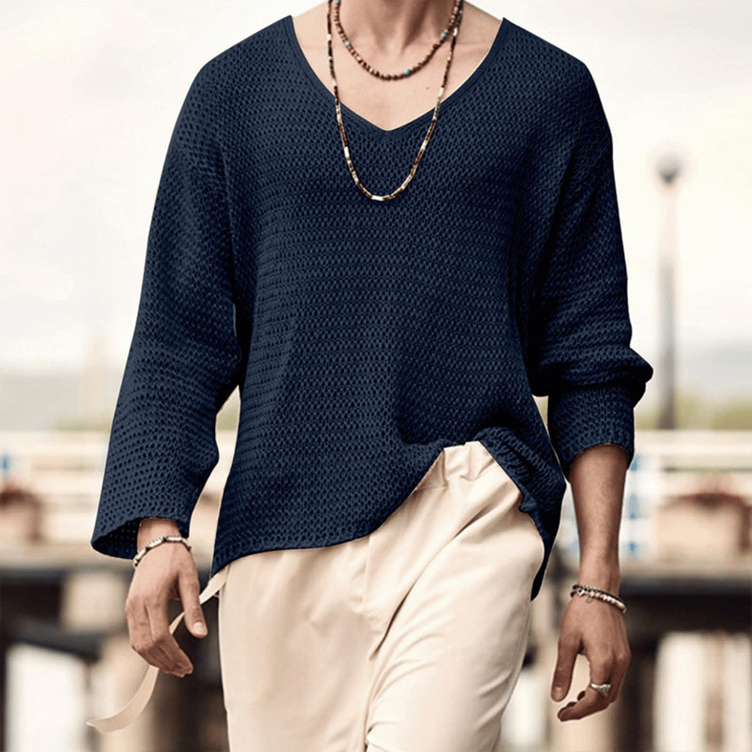 Men's beige relaxed knit sweater deep V-neck breathable textured casual evening wear