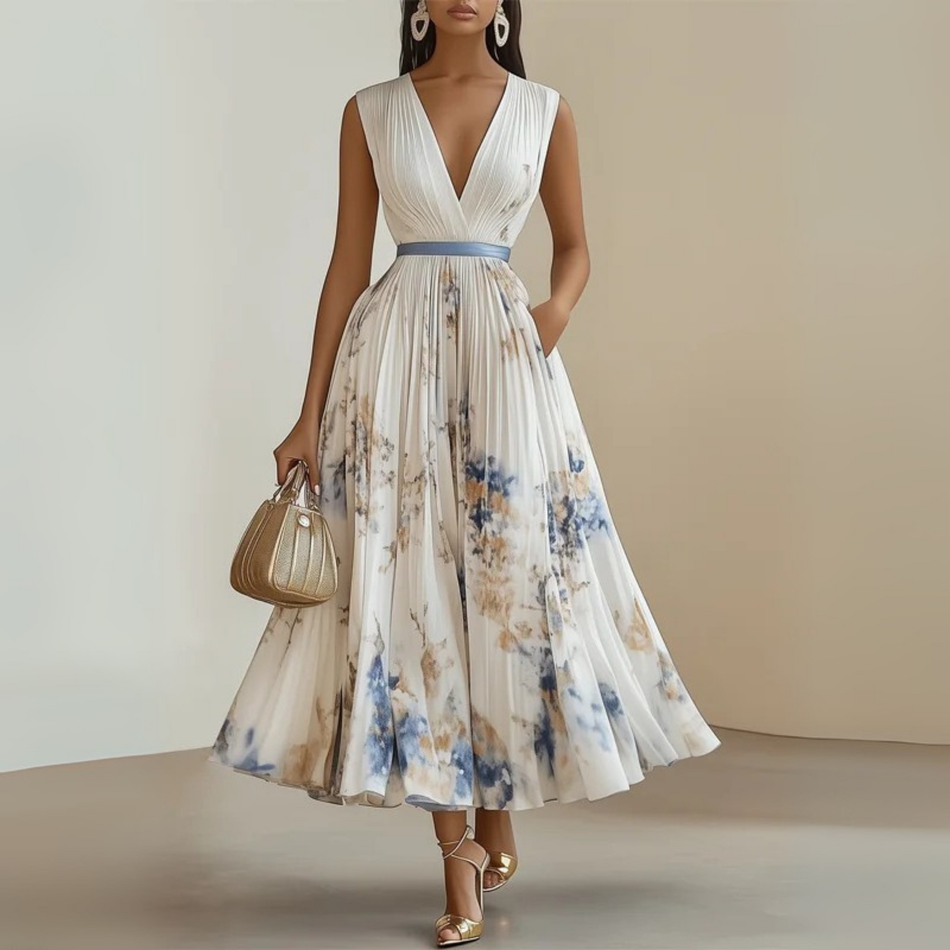 Flowy sleeveless maxi dress in soft drape fabric with flattering V-neck, breezy feminine silhouette