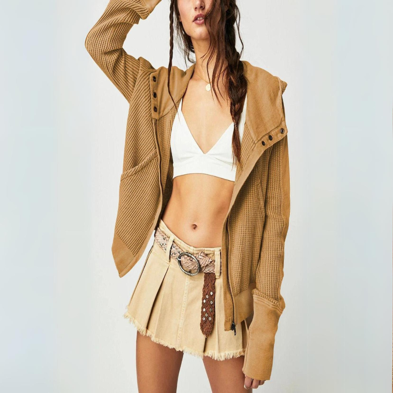 Cropped textured knit hoodie in neutral tone with unique hybrid button-to-zip closure