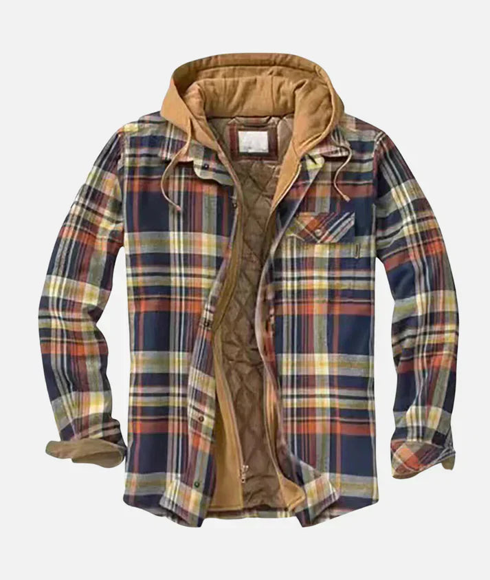 Men's plaid flannel shirt jacket with hood, quilted-lined warm winter outerwear in classic pattern