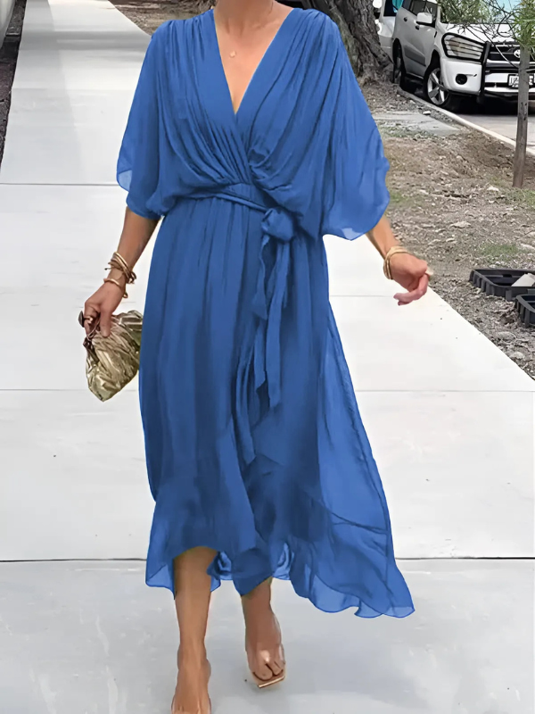 Timeless wrap midi dress in elegant silhouette with flattering V-neckline wrap design