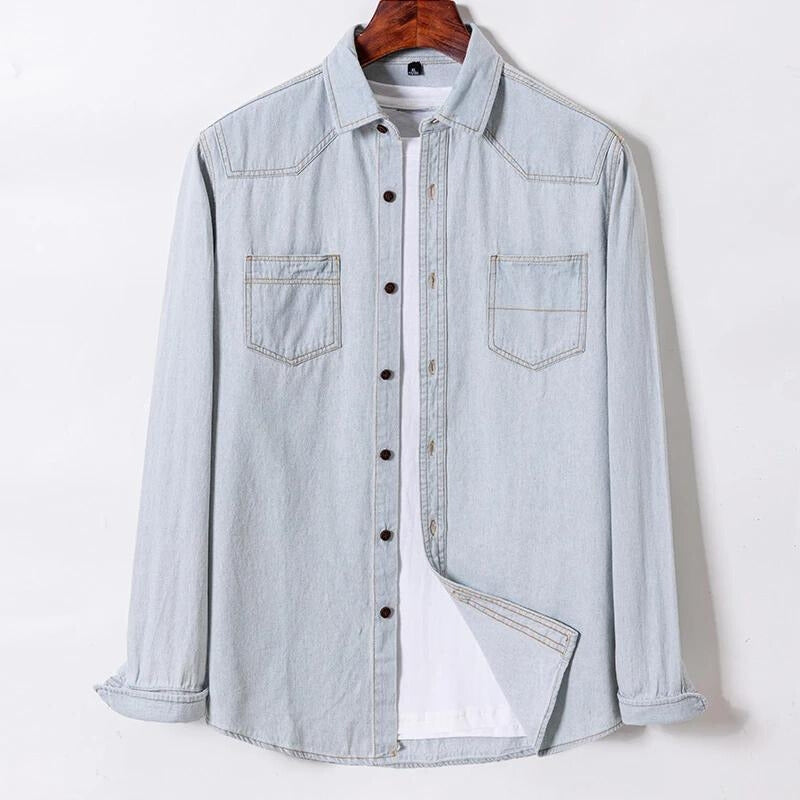 Sylvi blue denim shirt women classic fit point collar dual chest pockets 100% cotton
