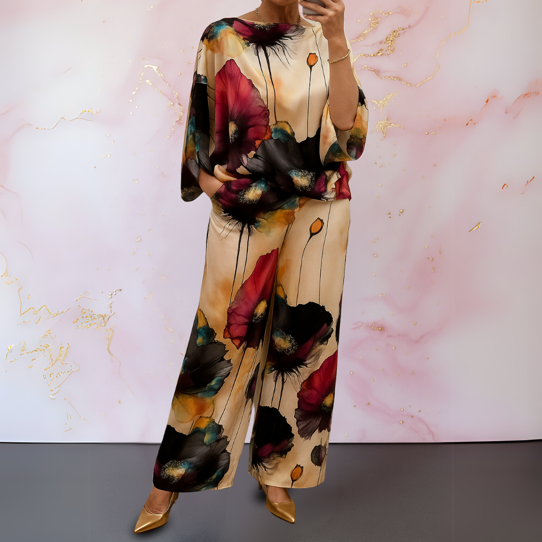 Alma-Rose satin two-piece women's set in bold colors with flattering cut and lustrous finish