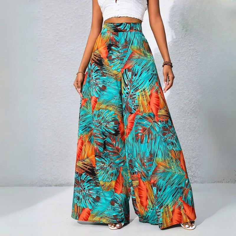 Tropical print high-waist cotton trousers with relaxed fit and roomy side pockets for effortless style