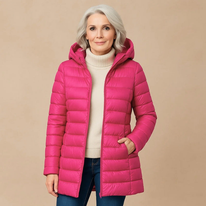 Olivia women's lightweight down jacket, sleek hooded silhouette in a streamlined sculpted fit