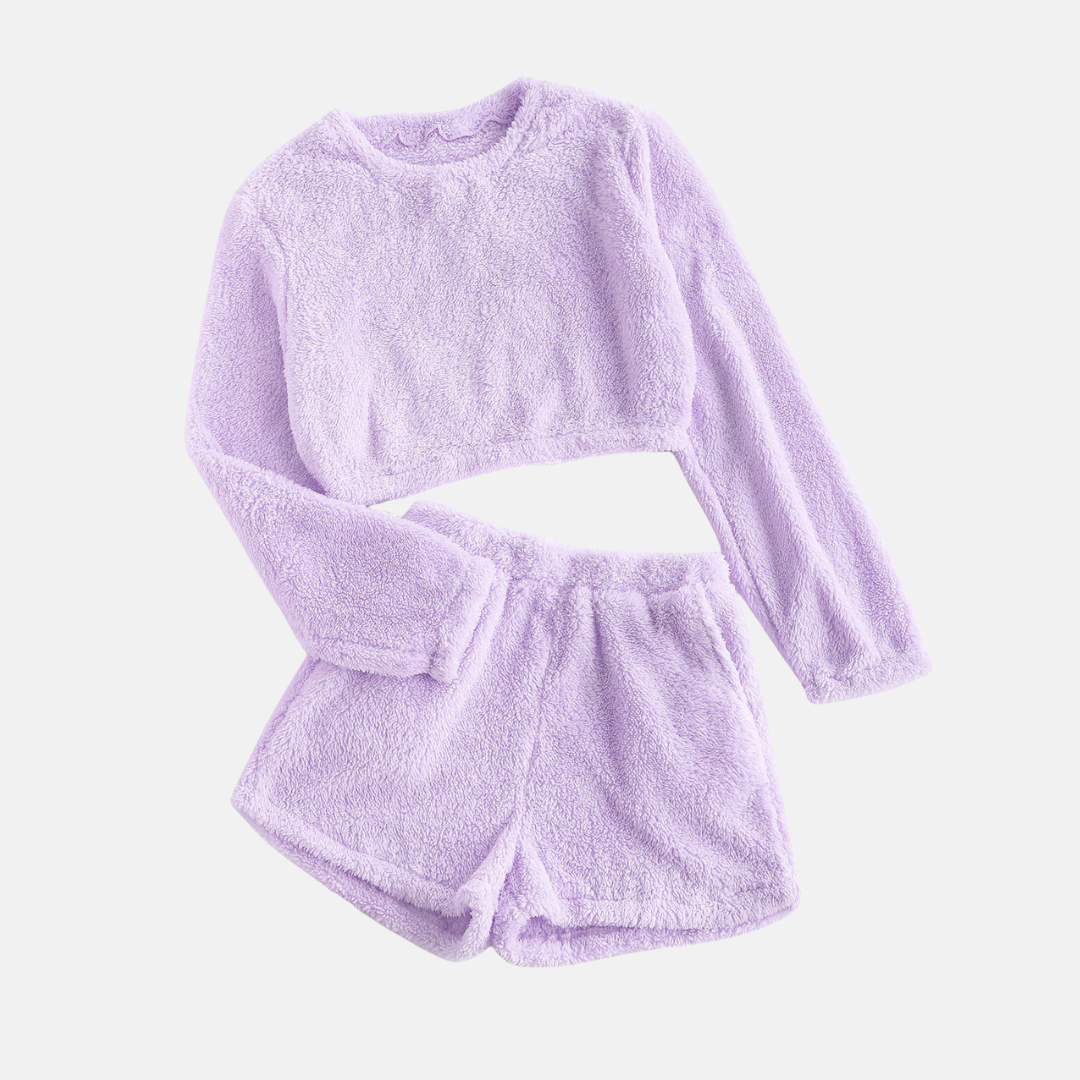 Women's textured plush loungewear set cropped long-sleeve top high-waisted shorts cloud-soft cozy