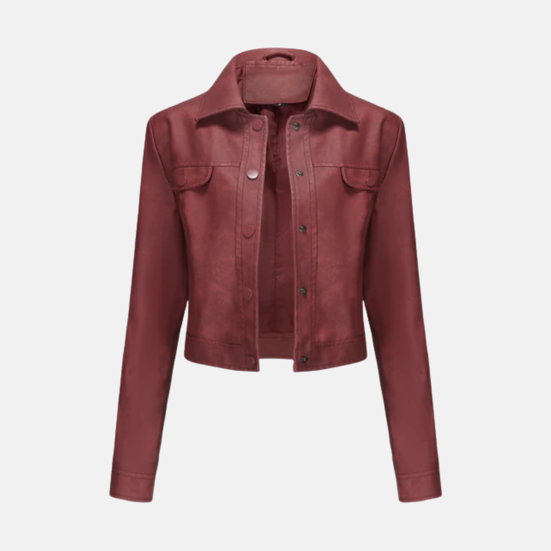 Women's cropped structured jacket with woven texture, snap front closure, and classic point collar
