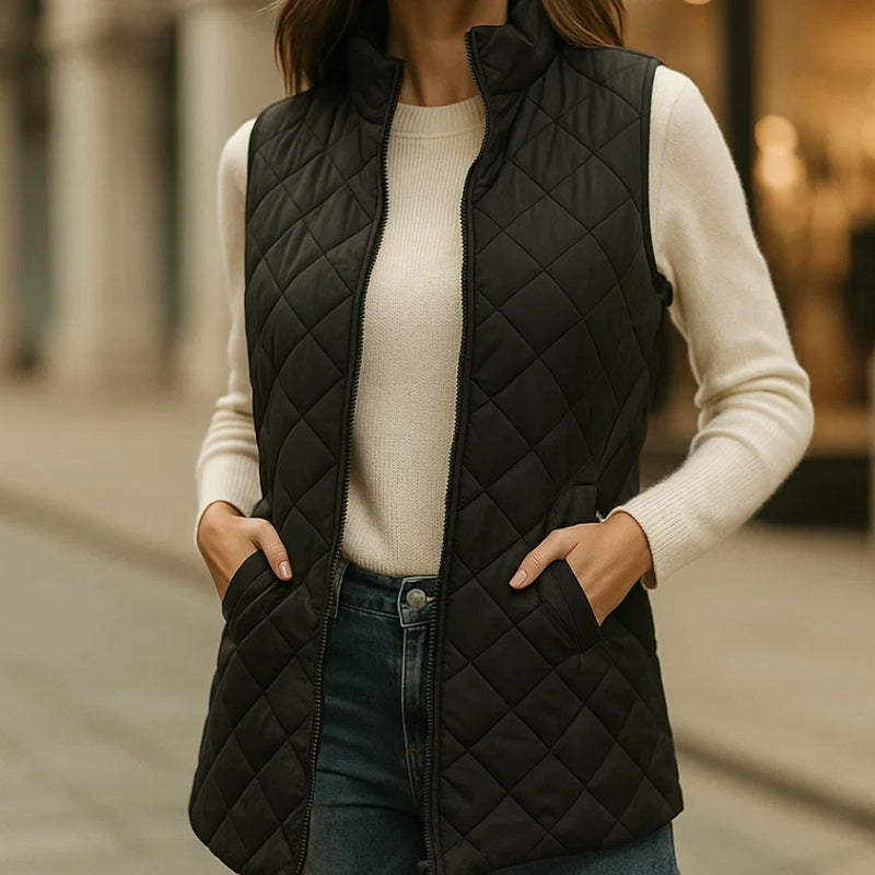 Léa unisex lightweight quilted vest beige diamond pattern padded layering piece for cool weather