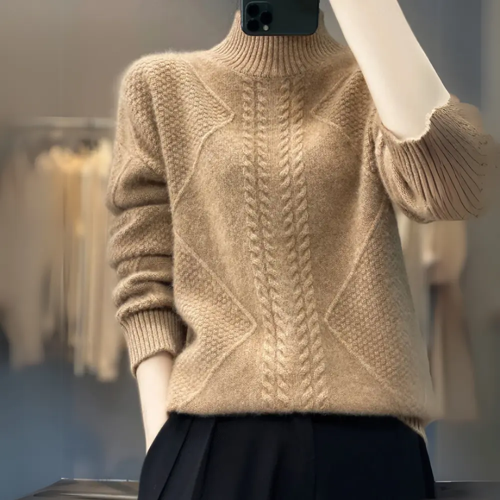 Mariah ivory turtleneck sweater with patchwork texture knit and slim silhouette everyday luxury