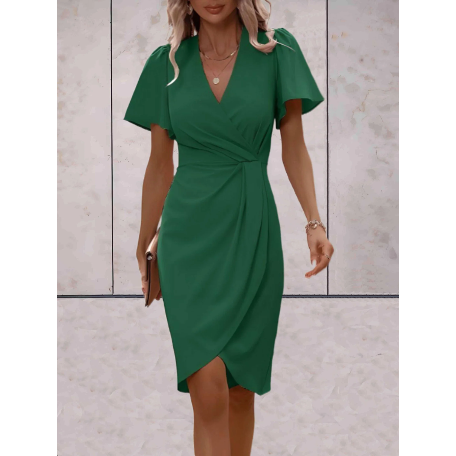 Nude bodycon wrap midi dress with flutter sleeves, deep V-neckline and twisted front detail