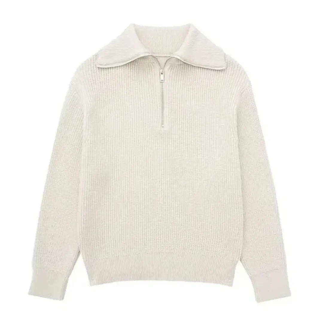 Nordic zip-up stripe sweater in classic nautical colors, relaxed fit with easy zip collar