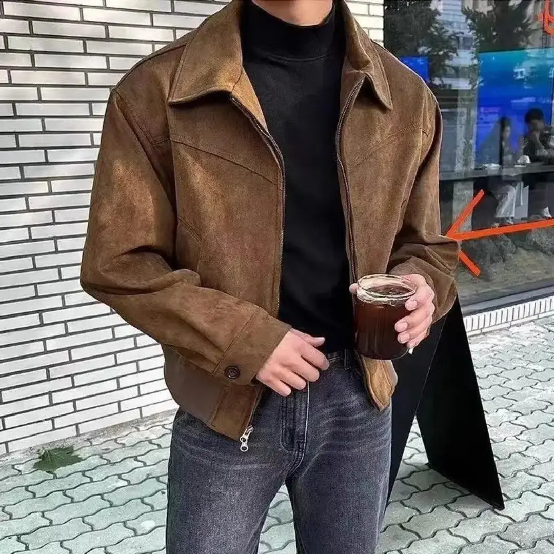 Men's luxury suede streetwear jacket classic lapel modern loose fit spring transitional outerwear