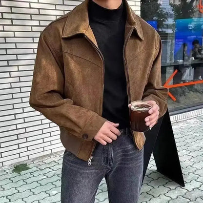 Men's luxury suede streetwear jacket classic lapel modern loose fit spring transitional outerwear