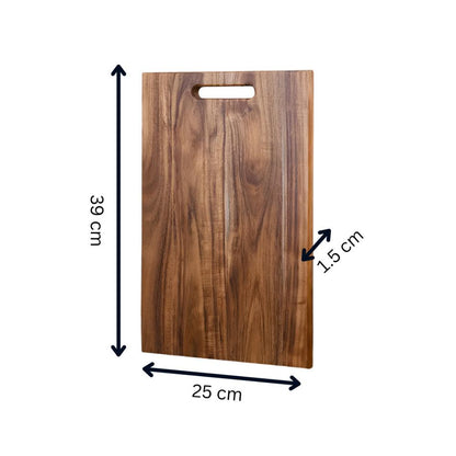 Solid acacia wood cutting board with integrated handle, natural grain finish, durable kitchen prep surface