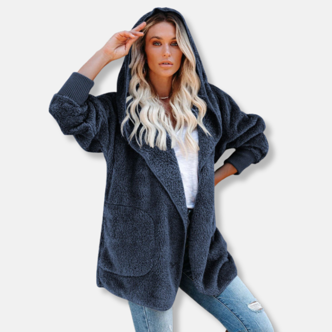 Women's oversized hooded sherpa fleece cardigan in cozy open-front style with deep pockets