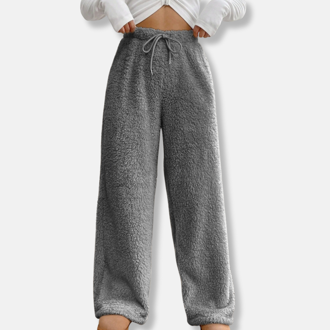 Women's plush fleece lounge pants loose wide-leg fit with adjustable drawstring waist full length