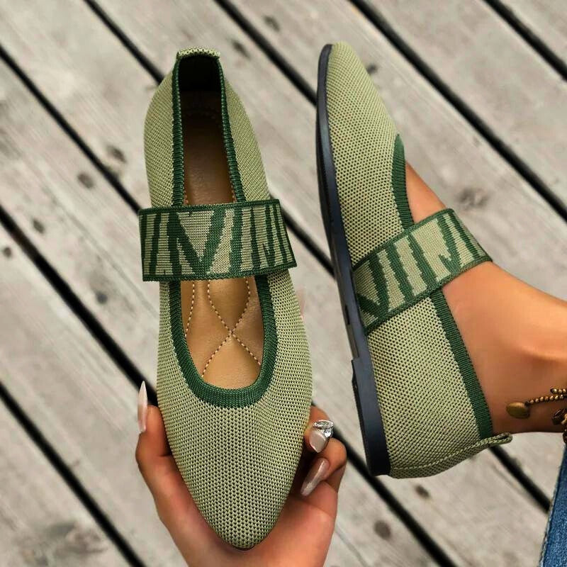 Women's pointed toe knit ballet flat Mary Jane with gingham elastic strap in neutral tone