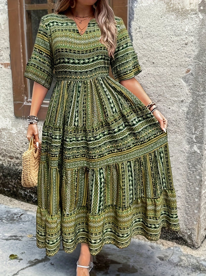 Women's boho flowy draped dress with ethnic print, flowing silhouette and feminine cut