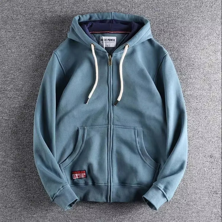 Men's relaxed fit cotton zip-up hoodie in neutral tones with plush fleece interior by Wavlynn