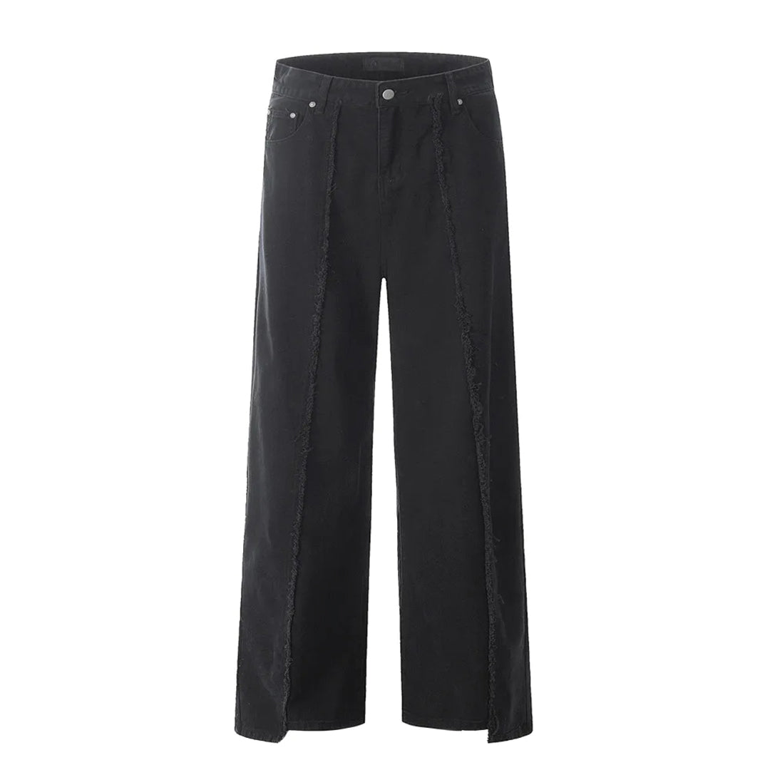 Wide-leg raw-cut denim jeans with asymmetric hem, loose fit, sturdy cotton construction