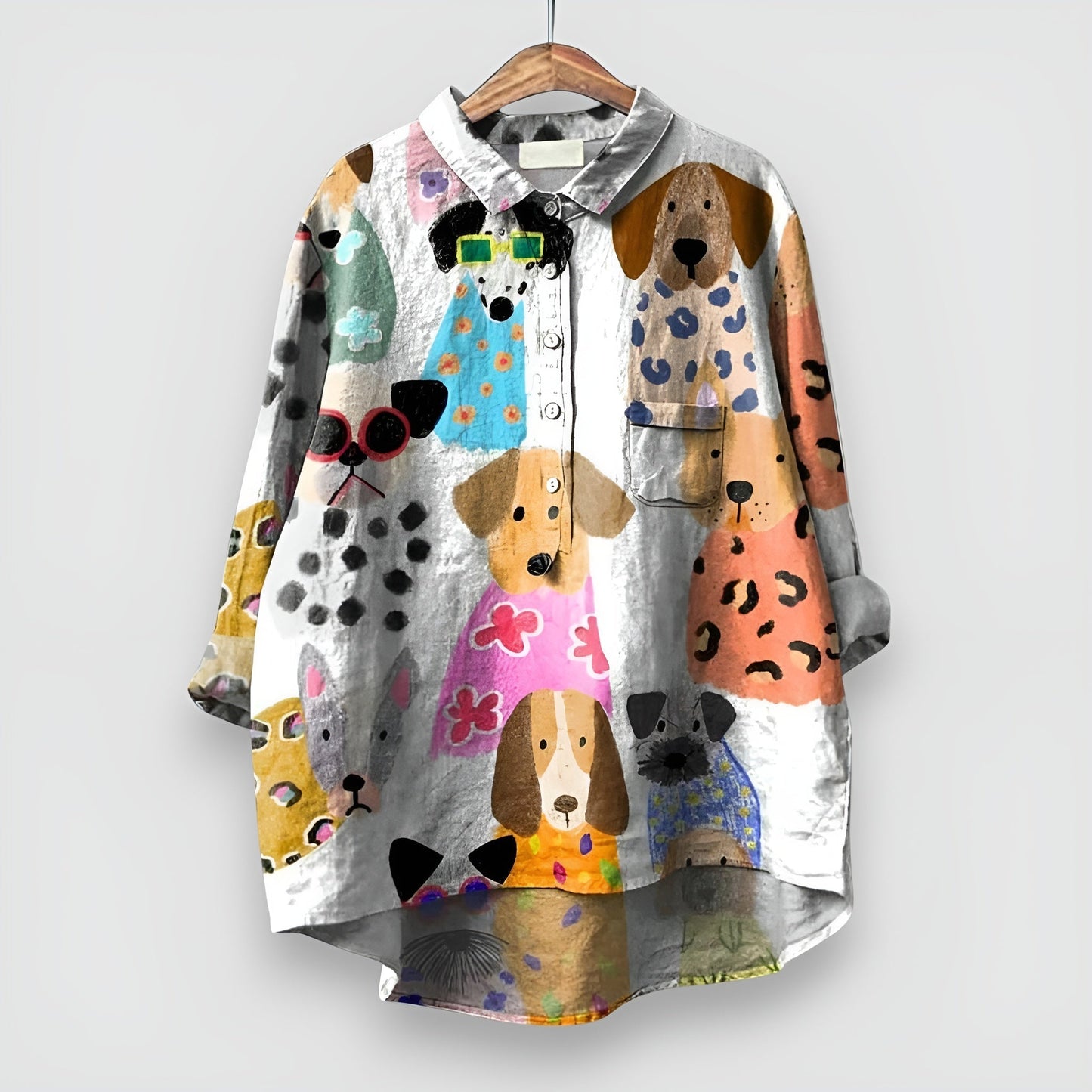 Women's relaxed-fit shirt white dog print all-over playful casual button-up silhouette