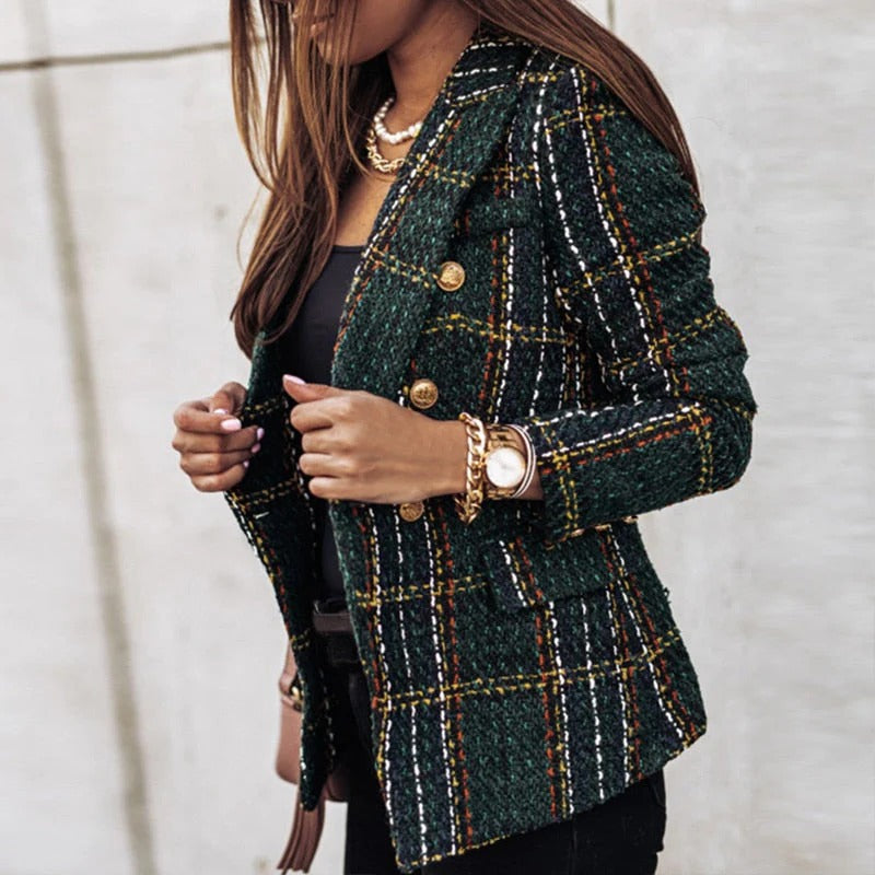 Women's tweed tailored blazer in classic pattern with gold button closure for elegant structured fit