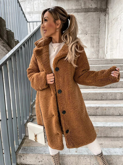 Women's beige plush trench coat elegant cozy silhouette premium soft polyester fabric