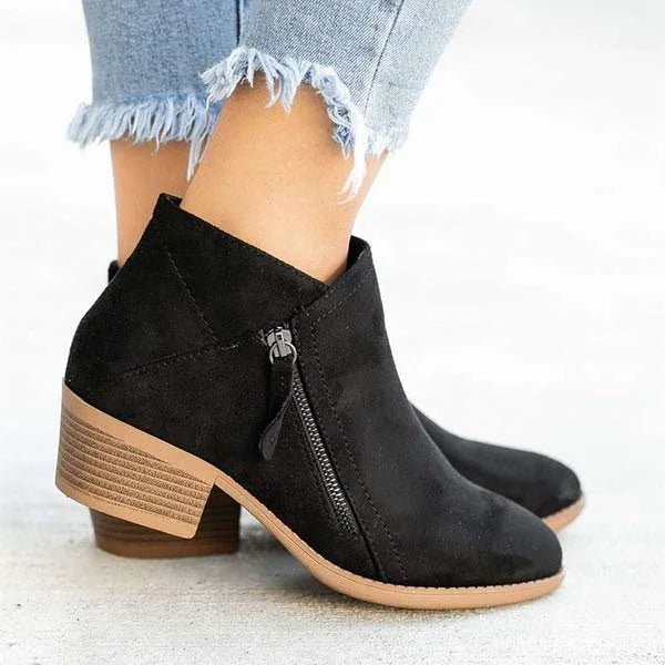 Kimberly taupe suede ankle boots low block heel matte finish everyday polished style