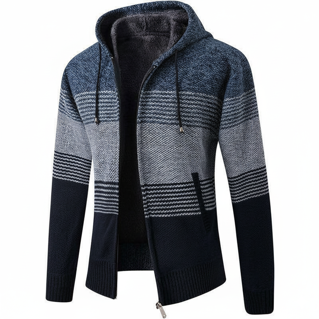 Men's knitted zip-up hoodie cardigan with tonal striped pattern, cozy casual everyday jacket