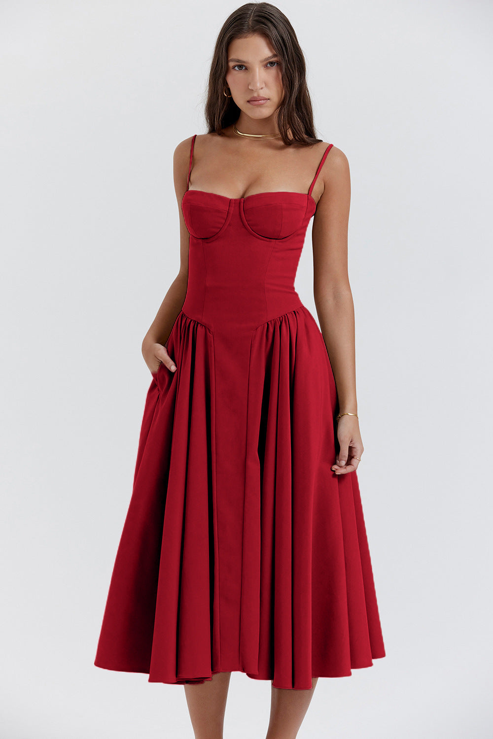 Wavlynn Natalie pleated midi dress with structured bodice, slim spaghetti straps, elegant spring style