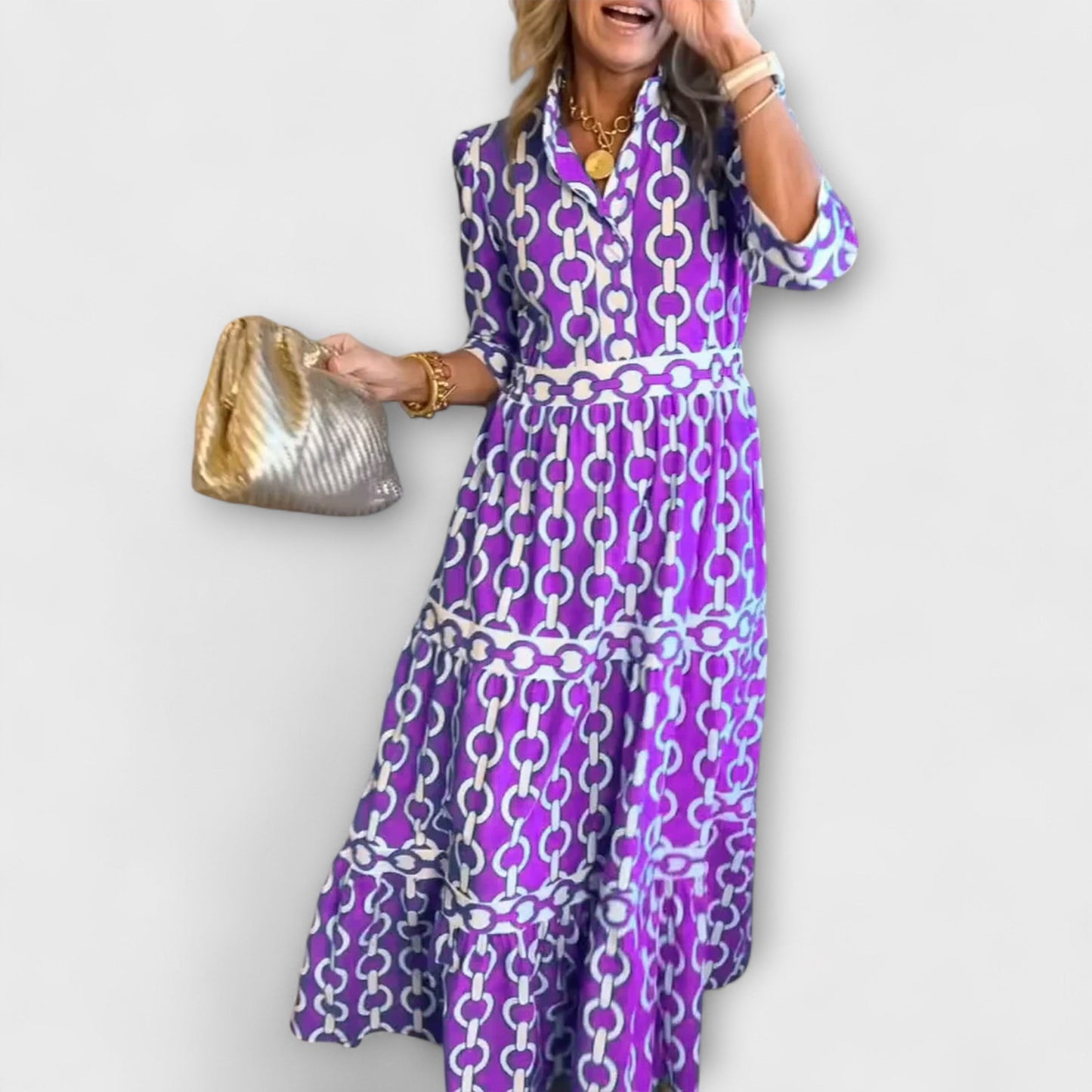Midi dress with chain pattern, tiered skirt, three-quarter sleeves, flattering smoothing waistline