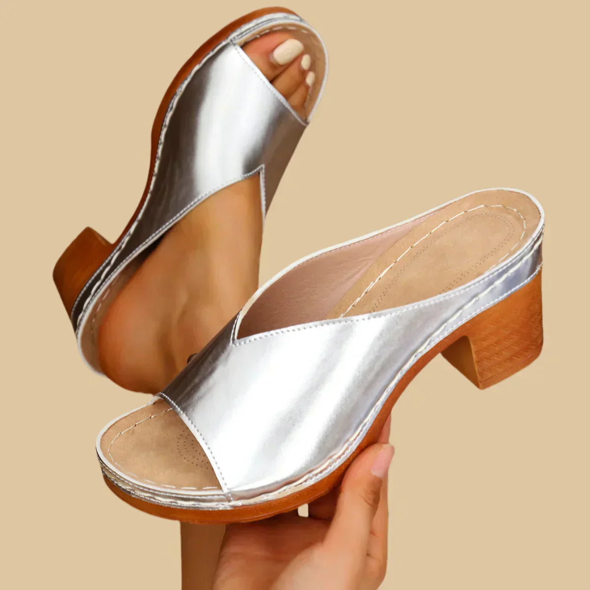 Women's beige comfort flat sandals with contoured ergonomic footbed and thick balanced heel