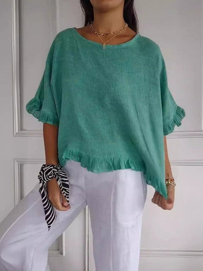 Soft blue lightweight women's blouse with minimalist cut and timeless casual elegant silhouette