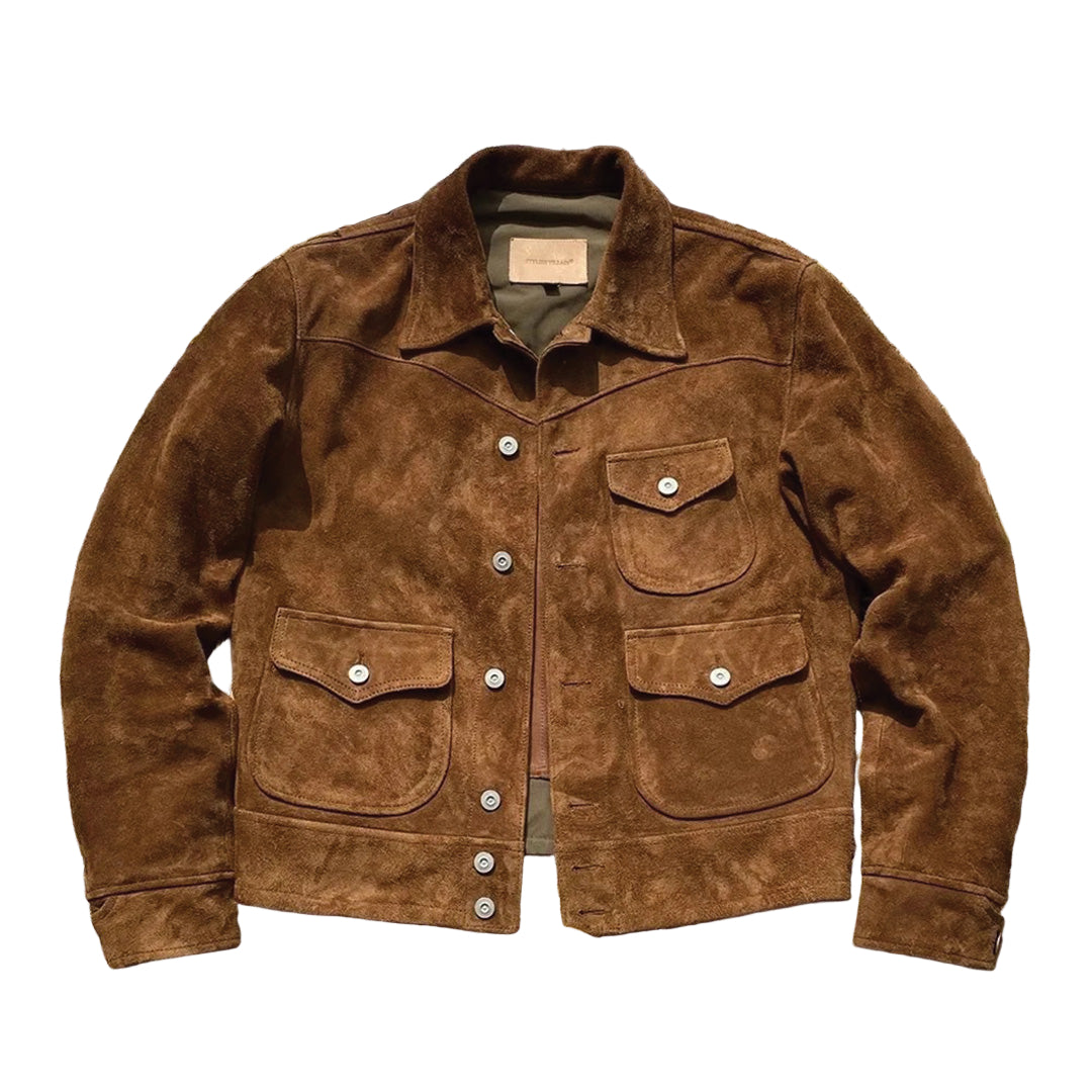 Caramel brushed suede work jacket with western yoke detail and structured dual front pockets