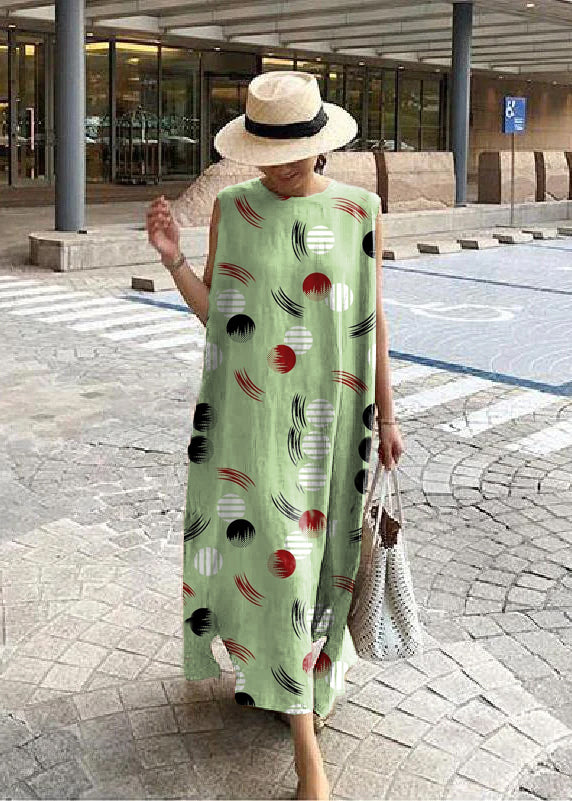 Bohemian linen-cotton loose dress round neck side slit breathable one-size women summer