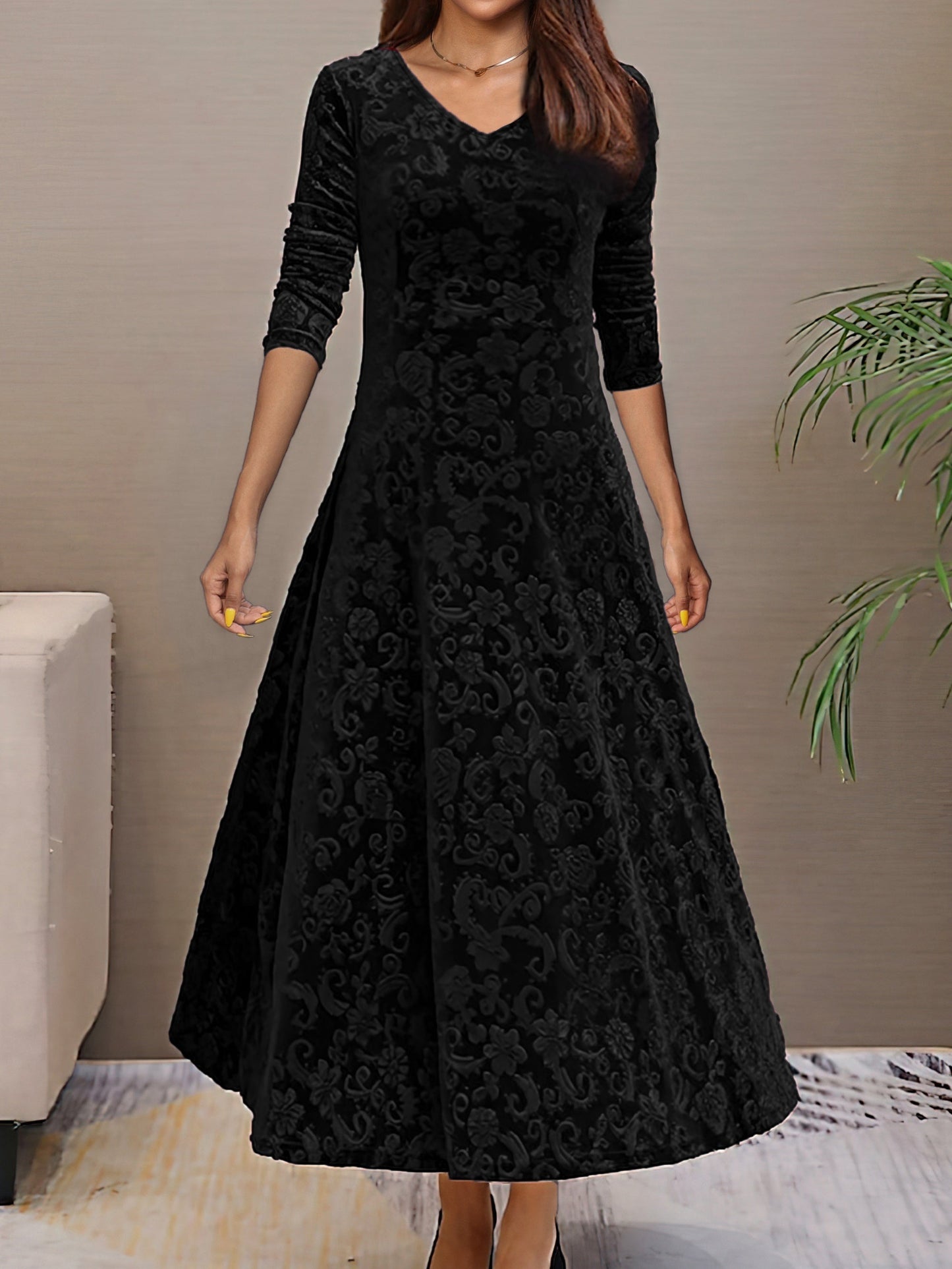 Women's burgundy velvet A-line evening dress with V-neck, 3/4 sleeves, and floral pattern