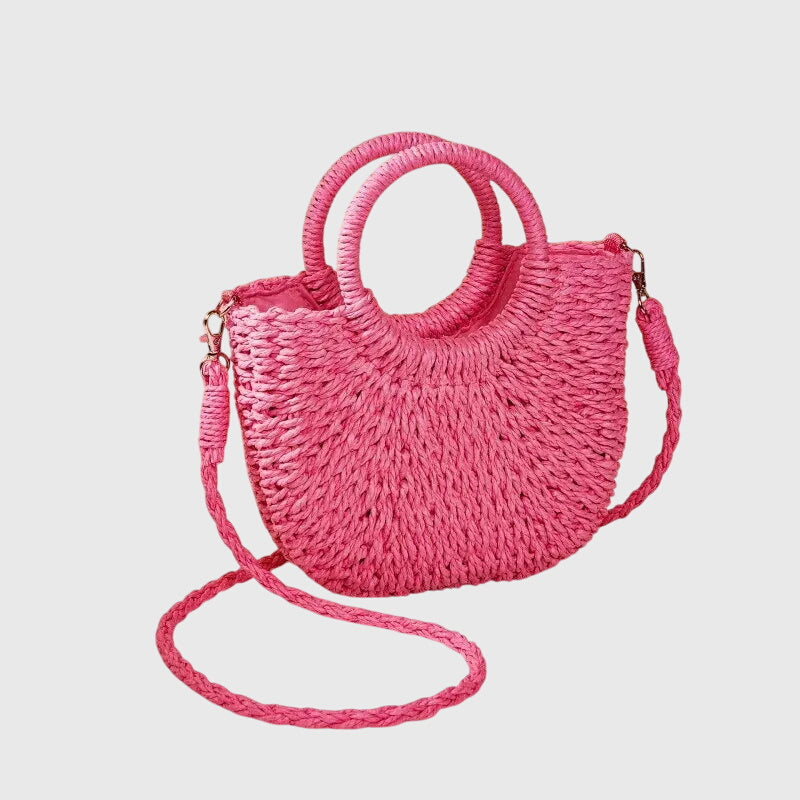 Natural braided handbag with circular handle in neutral tone, lightweight summer style