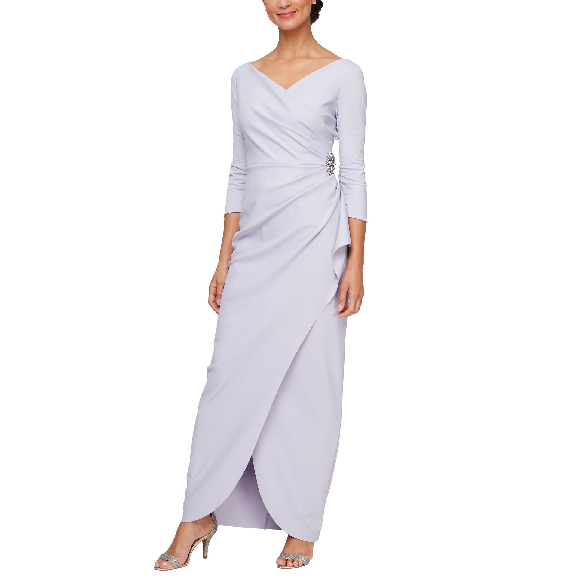 Blush maxi formal dress with surplice neckline, flowing silhouette, mother of the bride style