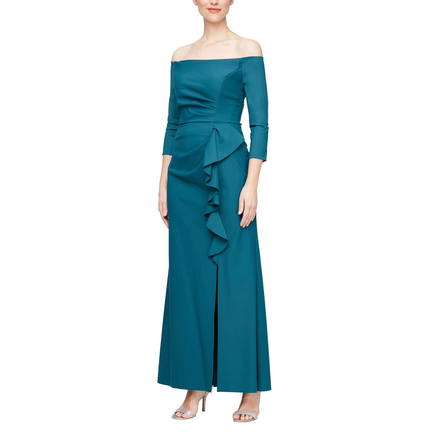 Alex Evenings long off-the-shoulder stretch crepe formal gown with cascade front skirt detail