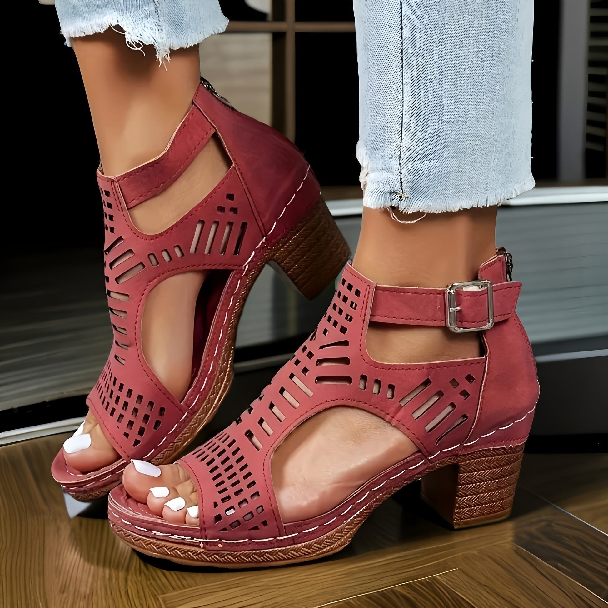 Women's block heel sandals with artistic cutout detailing in elegant neutral tone for modern style