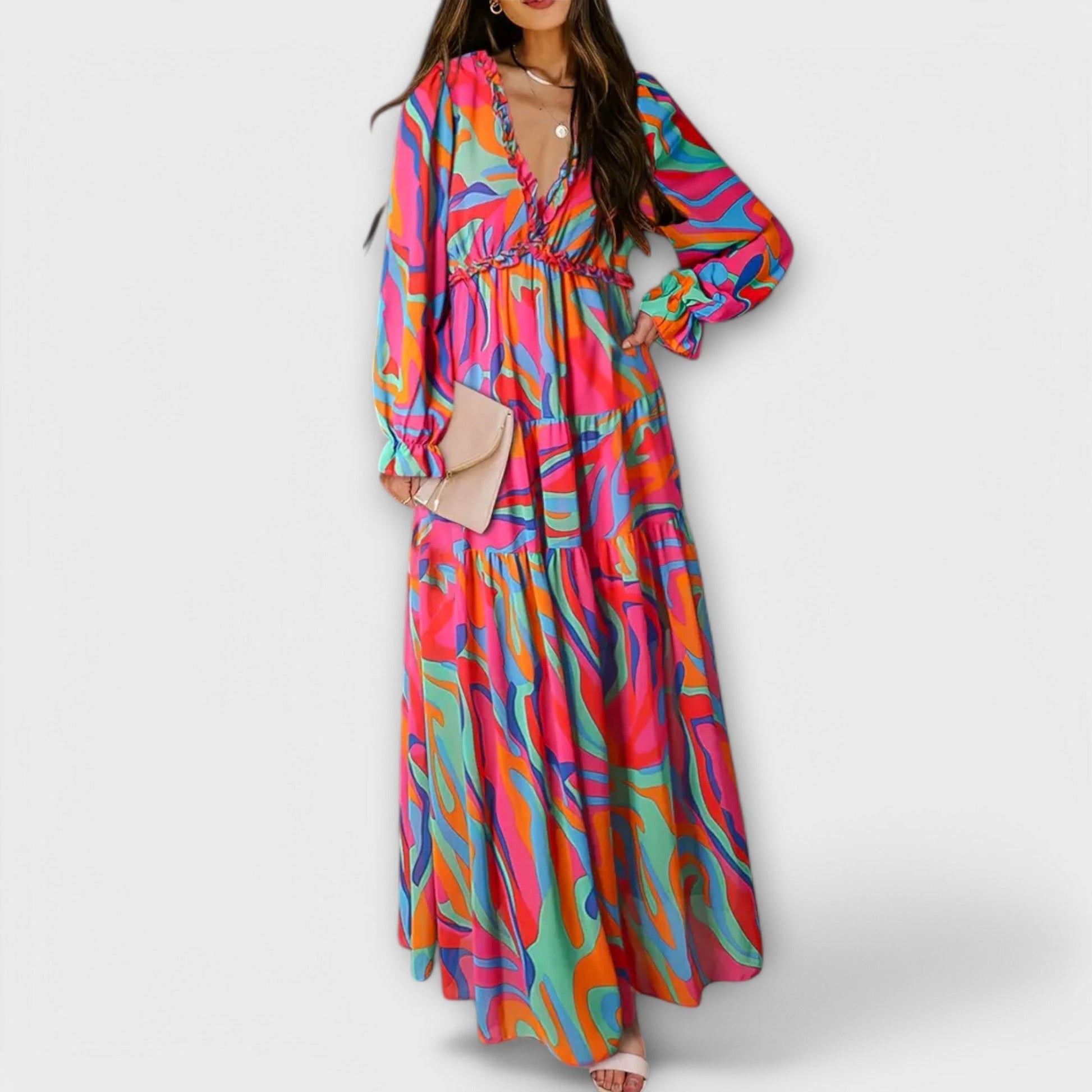 Floral V-neck maxi dress with flowing silhouette and romantic all-over print for effortless elegance