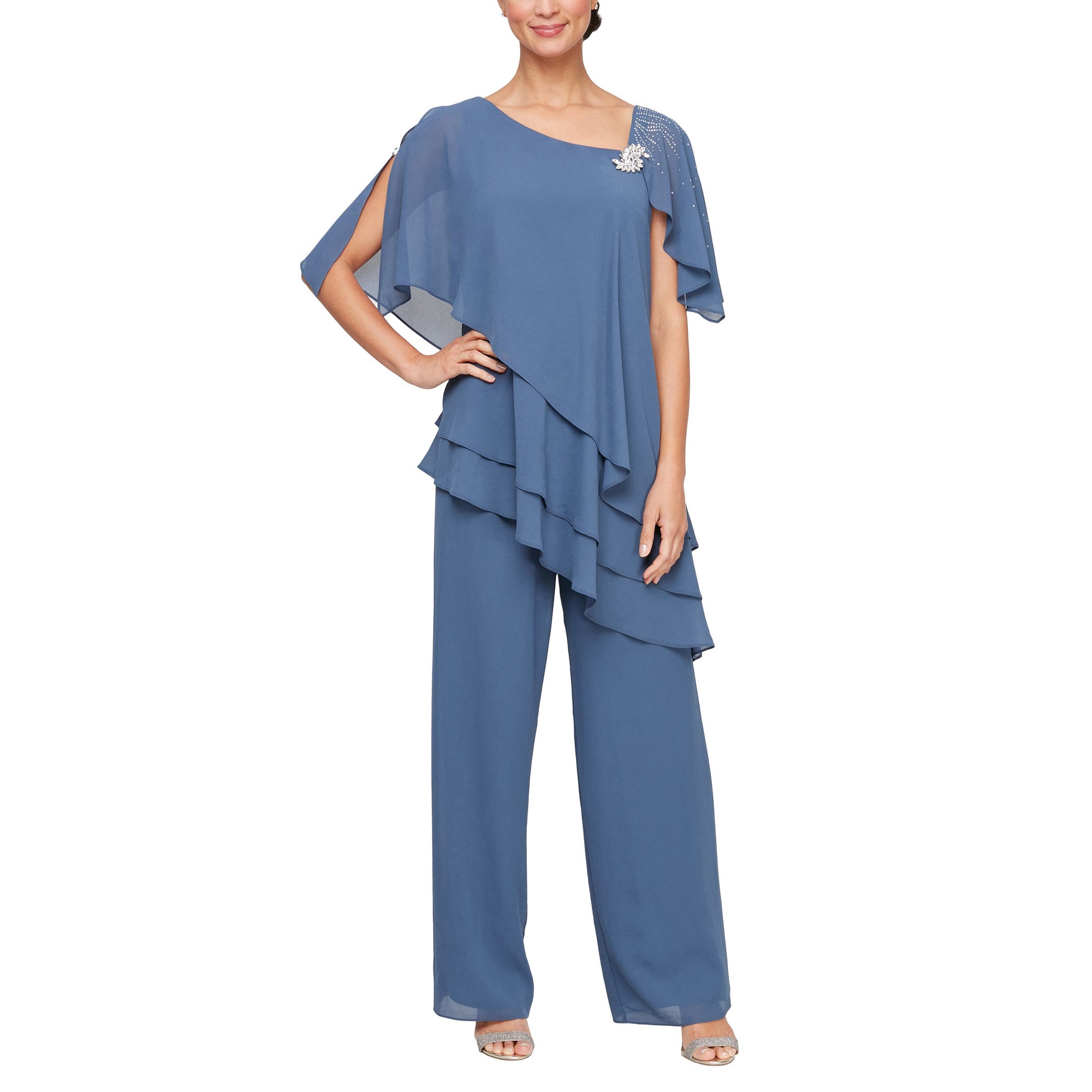 Formal mother of bride pant suit with embellished L-neckline, asymmetric tiered hem, straight-leg