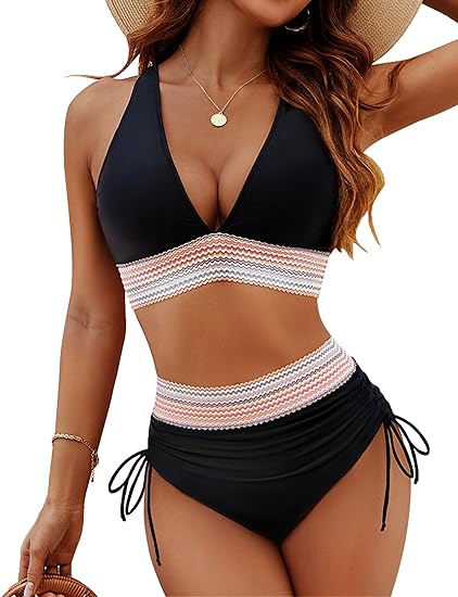 Black tummy control bikini set with built-in push-up support and sculpting two-piece silhouette