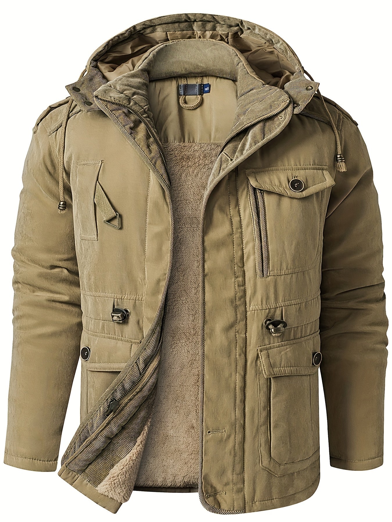 Men's insulated hooded utility jacket with thick padding, adjustable drawcord hood, and multiple pockets
