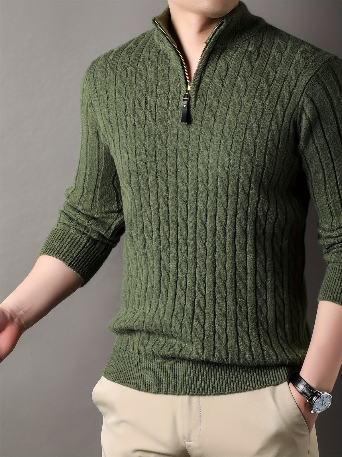 Men's ribbed cable knit half-zip winter sweater in neutral tone with structured texture
