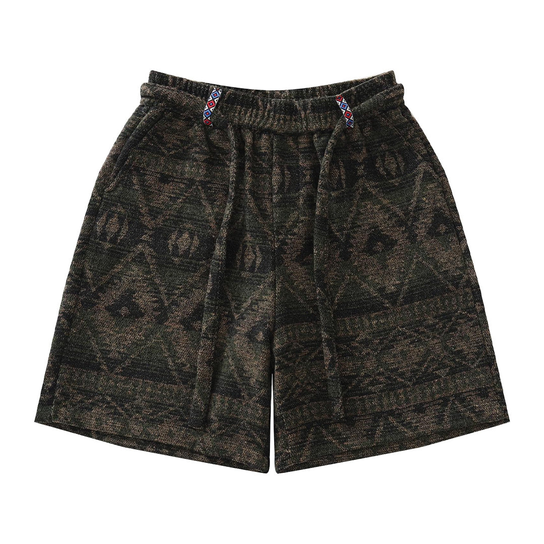 Tribal print knit jogger shorts with elastic waistband and bold cultural pattern design