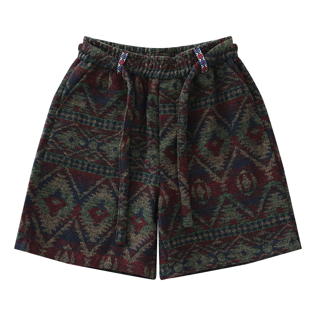 Tribal print knit jogger shorts with elastic waistband and bold cultural pattern in cotton-poly blend