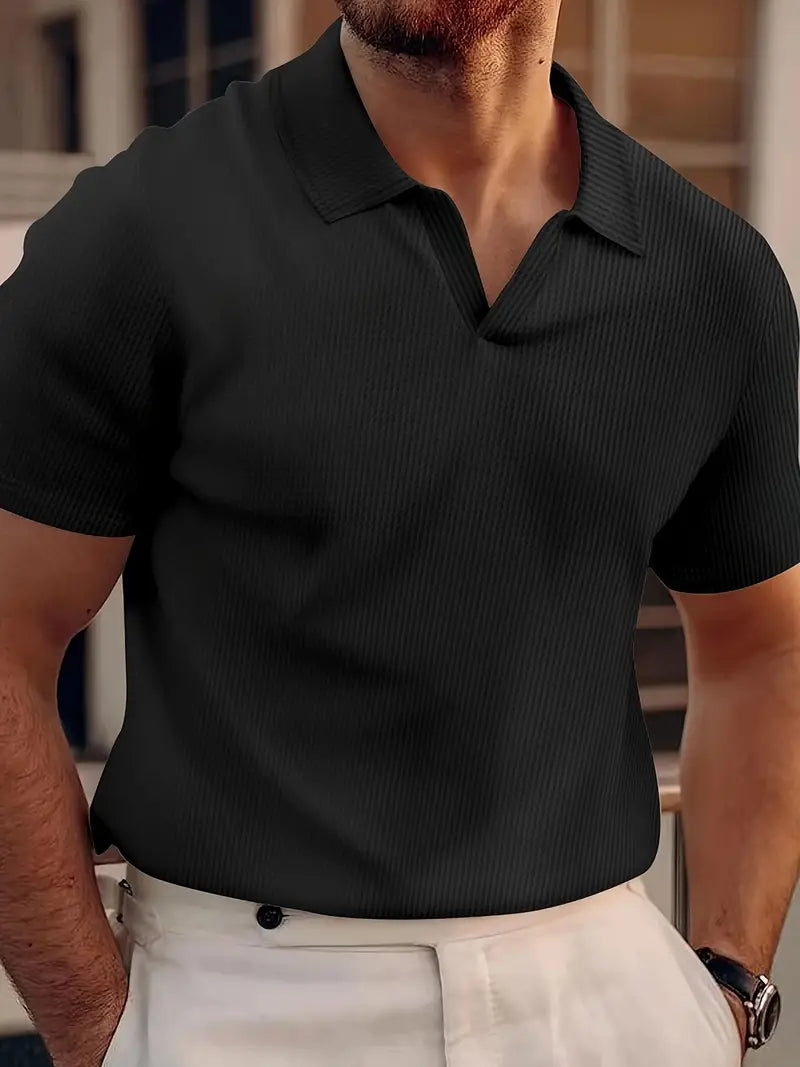 Men's ribbed knit polo shirt short sleeve V-neck cotton blend textured everyday essential
